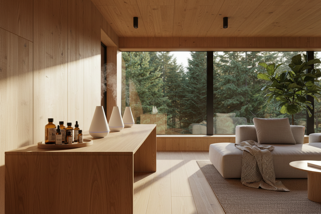 Modern wood house living room with diffusers and essential oils
